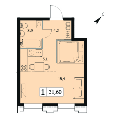 Однокомнатная квартира 31.6м², 9 этаж, Корпус 5 Жилой комплекс «Заречный квартал»