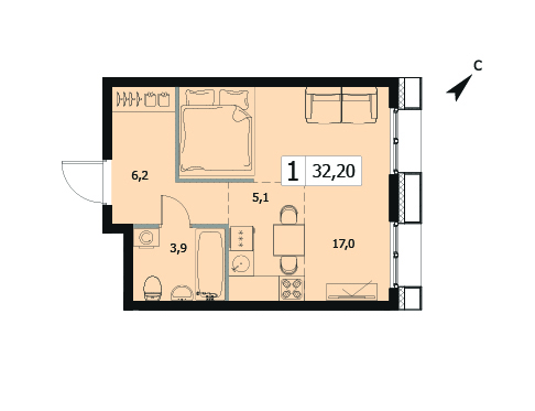 Однокомнатная квартира 32.2м², 2 этаж, Корпус 5 Жилой комплекс «Заречный квартал»