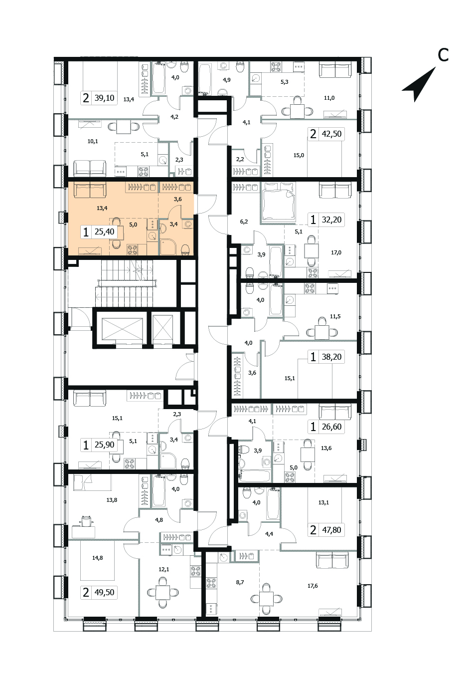 Однокомнатная квартира 25.4м², 4 этаж, Корпус 5 Жилой комплекс «Заречный квартал»