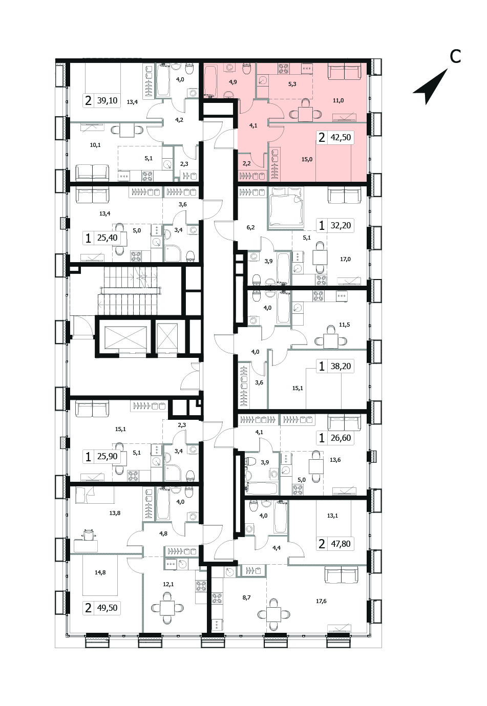 Двухкомнатная квартира 42.5м², 5 этаж, Корпус 5 Жилой комплекс «Заречный квартал»