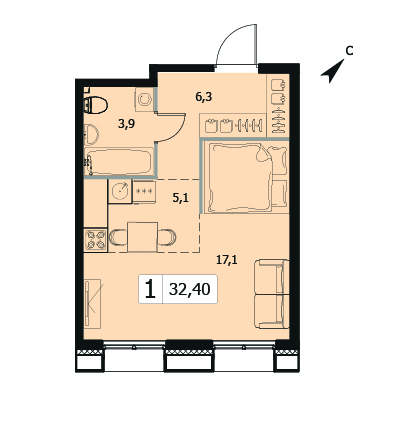 Однокомнатная квартира 32.4м², 6 этаж, Корпус 6 Жилой комплекс «Заречный квартал»