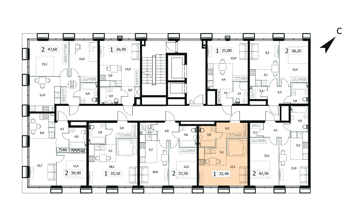Однокомнатная квартира 32.4м², 6 этаж, Корпус 6 Жилой комплекс «Заречный квартал»