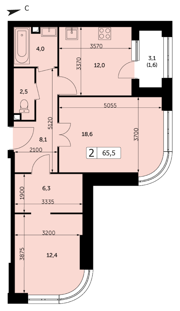 Двухкомнатная квартира 65.5м², 18 этаж, Корпус 2 ЖК "Режиссер"
