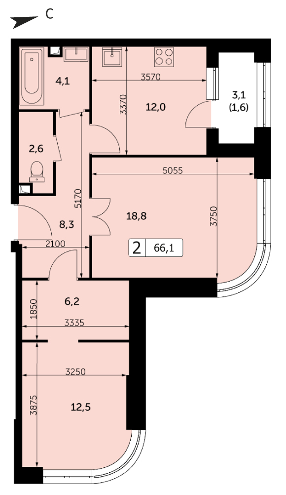 Двухкомнатная квартира 66.1м², 25 этаж, Корпус 2 ЖК "Режиссер"