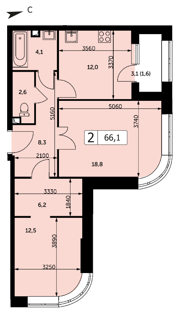 Двухкомнатная квартира 66.1м², 29 этаж, Корпус 2 ЖК "Режиссер"