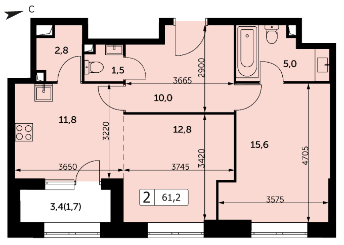 Двухкомнатная квартира 61.2м², 31 этаж, Корпус 2 ЖК "Режиссер"