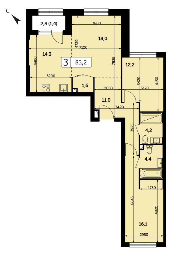 Трехкомнатная квартира 83.2м², 13 этаж, Корпус 3 ЖК "Режиссер"