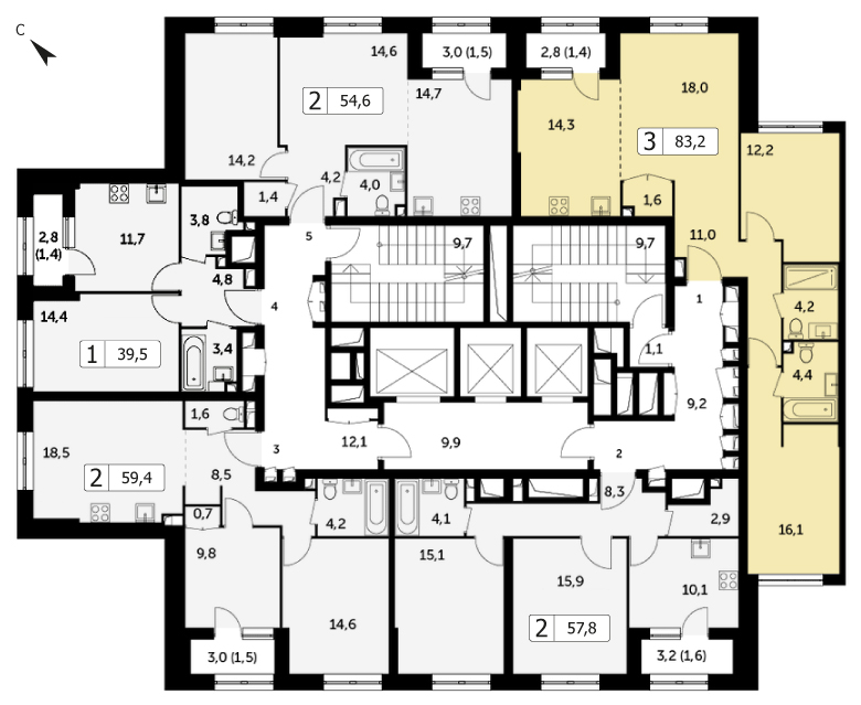 Трехкомнатная квартира 83.2м², 13 этаж, Корпус 3 ЖК "Режиссер"