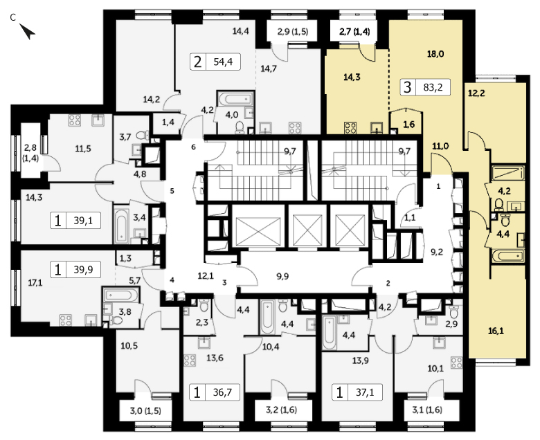 Трехкомнатная квартира 83.2м², 2 этаж, Корпус 3 ЖК "Режиссер"