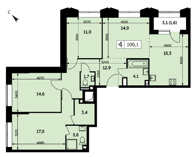 Четырехкомнатная квартира 100.1м², 29 этаж, Корпус 3 ЖК "Режиссер"