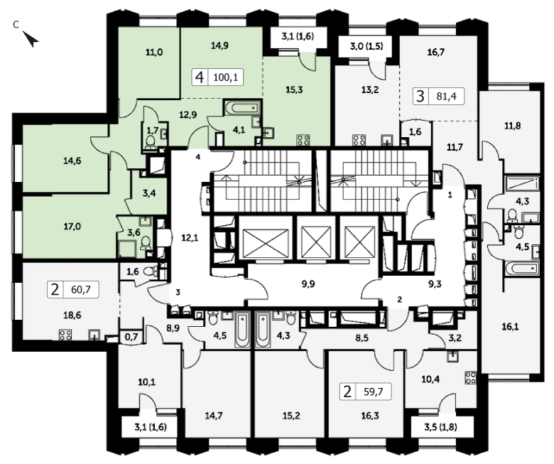 Четырехкомнатная квартира 100.1м², 29 этаж, Корпус 3 ЖК "Режиссер"