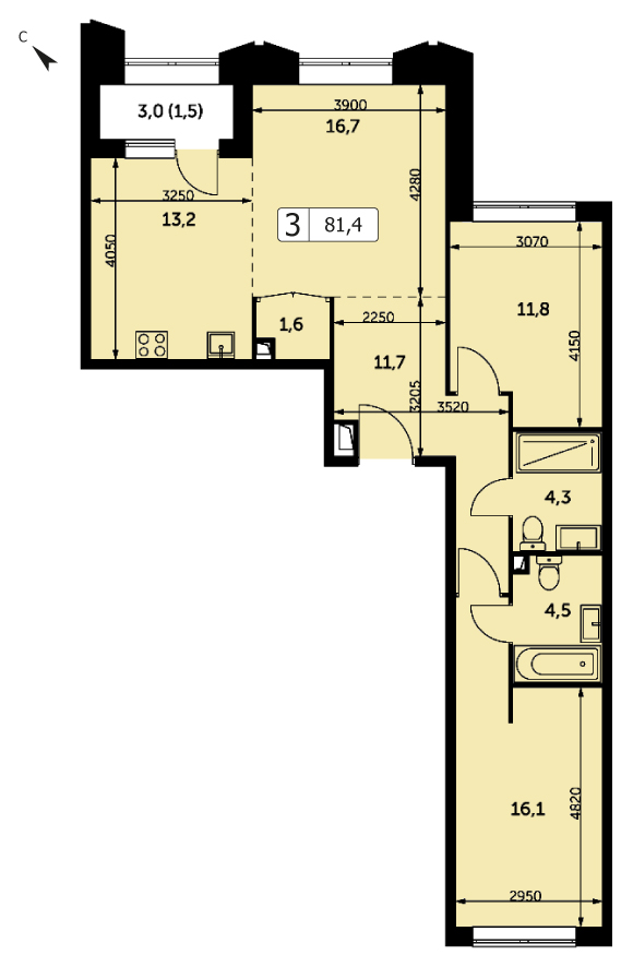 Трехкомнатная квартира 81.4м², 32 этаж, Корпус 3 ЖК "Режиссер"