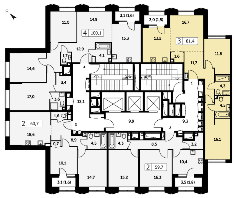 Трехкомнатная квартира 81.4м², 35 этаж, Корпус 3 ЖК "Режиссер"