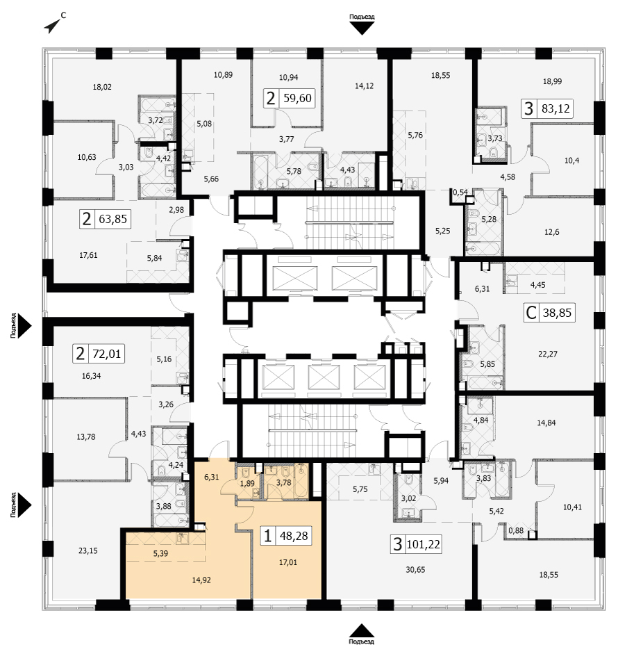 Однокомнатная квартира 48.3м², 38 этаж, Ван Гог (E1) ЖК «Селигер Сити»