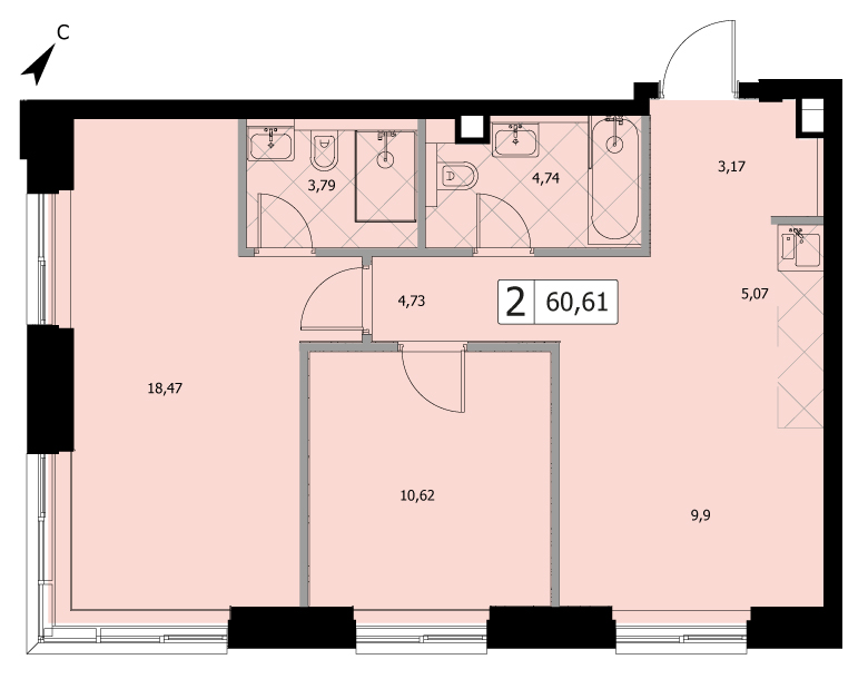 Двухкомнатная квартира 60.6м², 22 этаж, Кандинский (E2) ЖК «Селигер Сити»