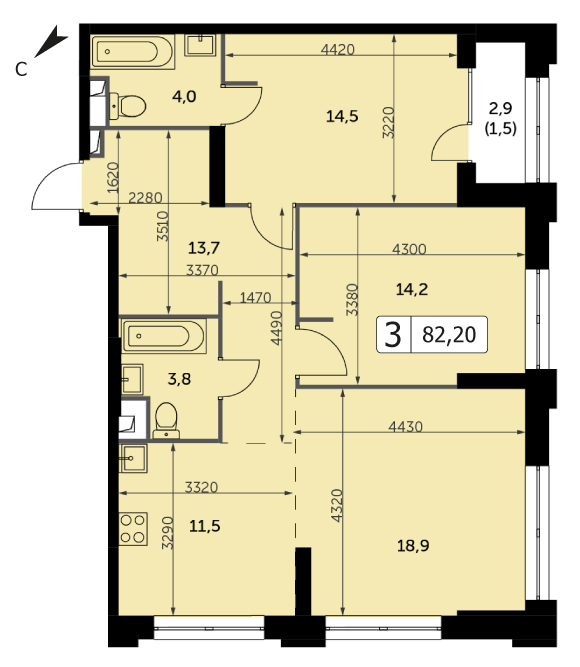Трехкомнатная квартира 82.1м², 14 этаж, Корпус 3 ЖК "Sydney City" (Сидней сити)