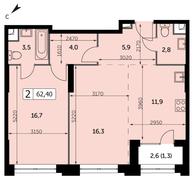 Двухкомнатная квартира 62.4м², 14 этаж, Корпус 3 ЖК "Sydney City" (Сидней сити)