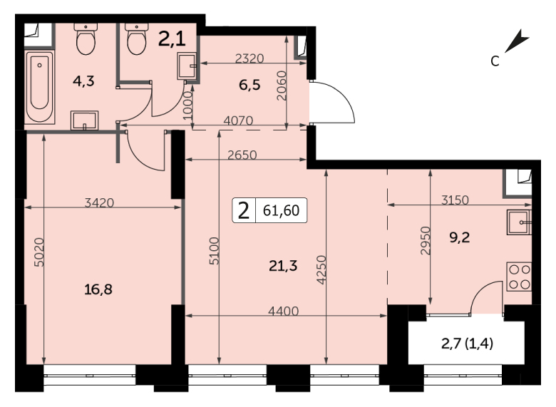 Двухкомнатная квартира 61.6м², 17 этаж, Корпус 3 ЖК "Sydney City" (Сидней сити)