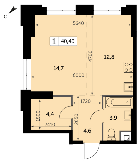 Однокомнатная квартира 40.4м², 2 этаж, Корпус 3 ЖК "Sydney City" (Сидней сити)