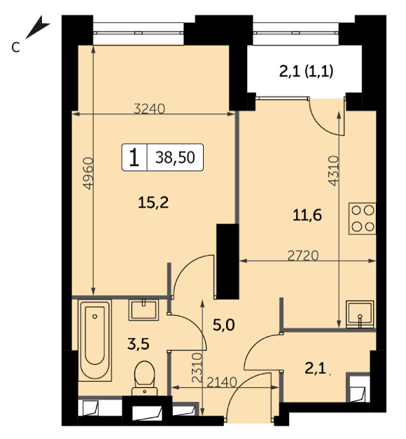 Однокомнатная квартира 38.5м², 2 этаж, Корпус 3 ЖК "Sydney City" (Сидней сити)