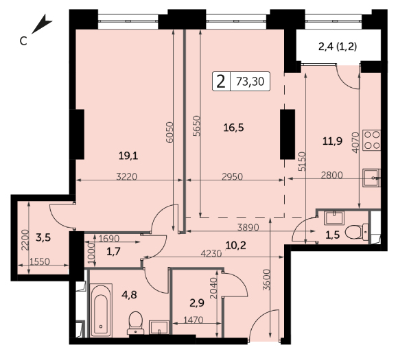 Двухкомнатная квартира 73.3м², 2 этаж, Корпус 3 ЖК "Sydney City" (Сидней сити)