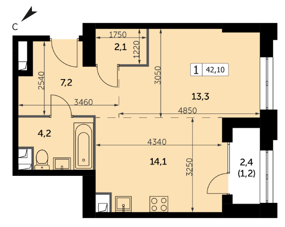 Однокомнатная квартира 42.1м², 2 этаж, Корпус 3 ЖК "Sydney City" (Сидней сити)
