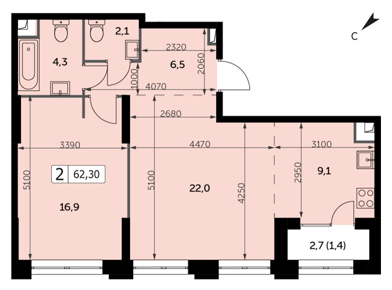 Двухкомнатная квартира 62.3м², 23 этаж, Корпус 3 ЖК "Sydney City" (Сидней сити)