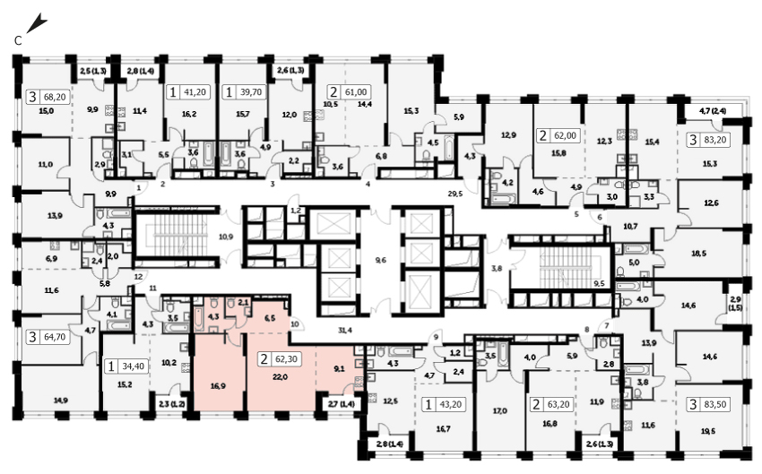 Двухкомнатная квартира 62.3м², 23 этаж, Корпус 3 ЖК "Sydney City" (Сидней сити)