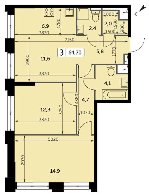 Трехкомнатная квартира 64.7м², 23 этаж, Корпус 3 ЖК "Sydney City" (Сидней сити)