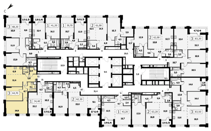 Трехкомнатная квартира 64.7м², 23 этаж, Корпус 3 ЖК "Sydney City" (Сидней сити)