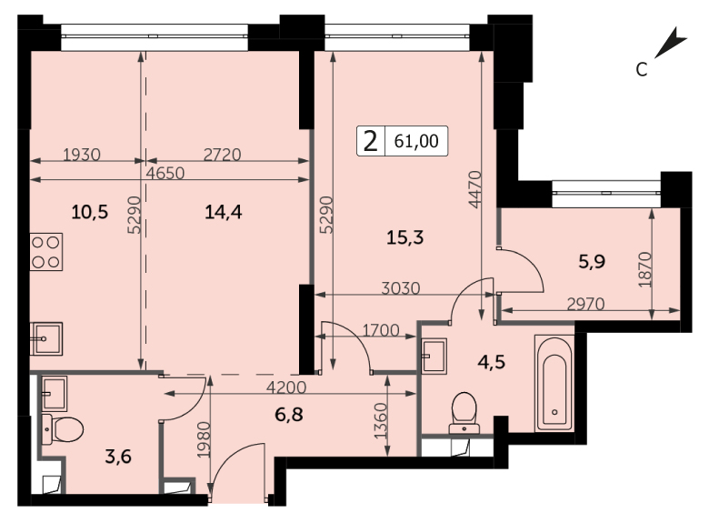 Двухкомнатная квартира 61м², 23 этаж, Корпус 3 ЖК "Sydney City" (Сидней сити)