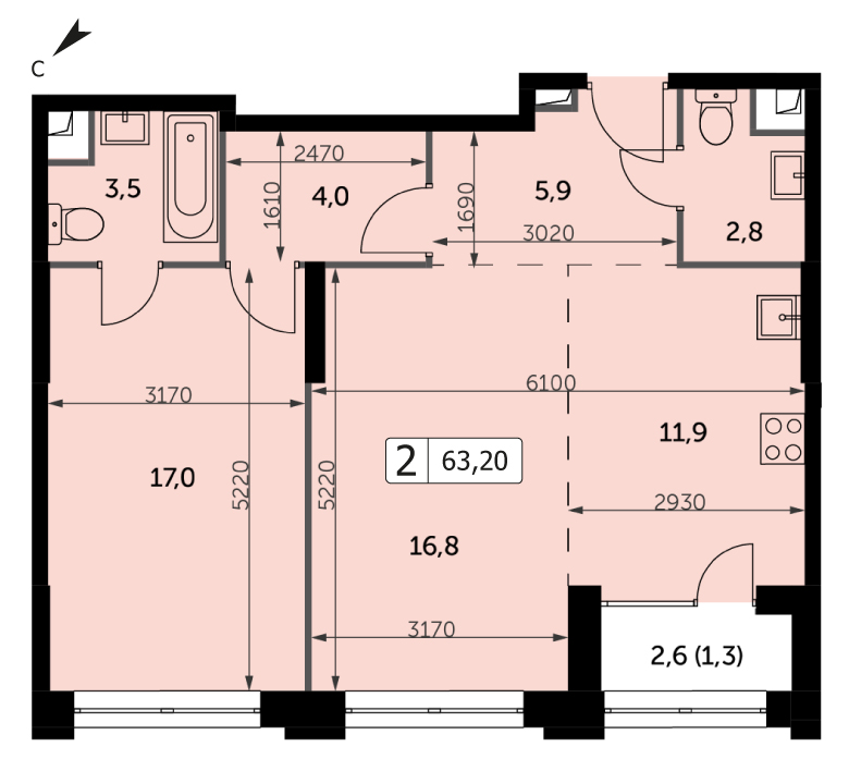 Двухкомнатная квартира 63.2м², 25 этаж, Корпус 3 ЖК "Sydney City" (Сидней сити)