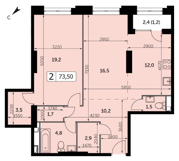 Двухкомнатная квартира 73.5м², 5 этаж, Корпус 3 ЖК "Sydney City" (Сидней сити)