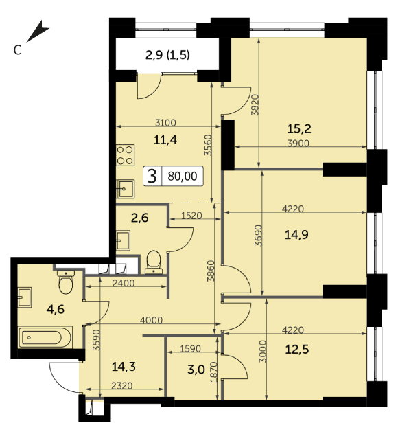 Трехкомнатная квартира 80м², 5 этаж, Корпус 3 ЖК "Sydney City" (Сидней сити)
