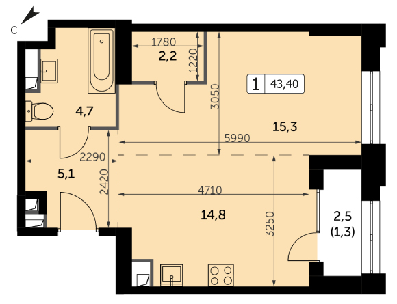 Однокомнатная квартира 43.4м², 6 этаж, Корпус 3 ЖК "Sydney City" (Сидней сити)