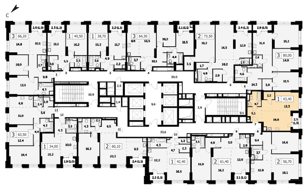 Однокомнатная квартира 43.4м², 6 этаж, Корпус 3 ЖК "Sydney City" (Сидней сити)