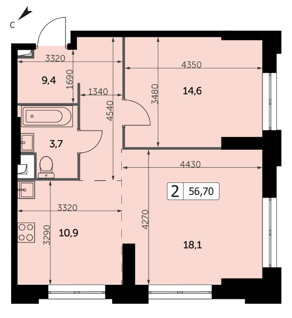 Двухкомнатная квартира 56.7м², 6 этаж, Корпус 3 ЖК "Sydney City" (Сидней сити)