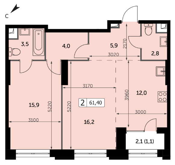 Двухкомнатная квартира 61.4м², 6 этаж, Корпус 3 ЖК "Sydney City" (Сидней сити)